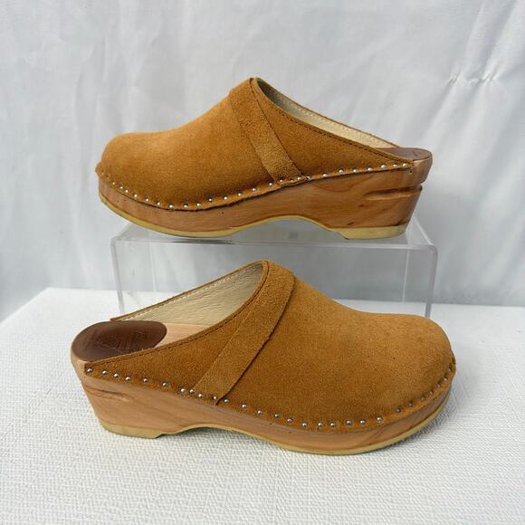 Troentorp Clogs Womens Size 7 Brown Tan Leather Slip On Wooden Sweden Mules 37 - Picture 9 of 11